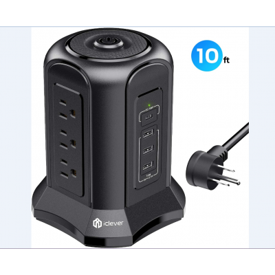 iClever Power Strip Tower Surge Protector 9 AC Outlets 15.5W 3 USB-A Port 18W PD 1 Type C USB-C Charging Port