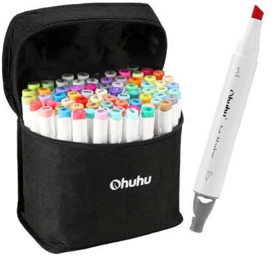 Ohuhu 48 Colors Alcohol Brush Markers Double Tipped (Brush & Chisel) Sketch Markers