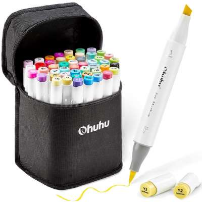 Ohuhu 48 Colors Alcohol Brush Markers Double Tipped (Brush & Chisel) Sketch Markers